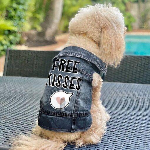 Free Kisses Dog Denim Vest – Word Print Dog Denim Jacket – Minimalist Dog Clothing