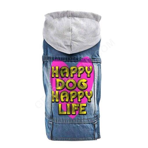 Happy Dog Happy Life Dog Denim Jacket – Phrase Dog Denim Coat – Art Print Dog Clothing