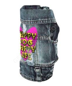 Happy Dog Happy Life Dog Denim Vest – Phrase Dog Denim Jacket – Art Print Dog Clothing 