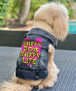 Happy Dog Happy Life Dog Denim Vest – Phrase Dog Denim Jacket – Art Print Dog Clothing 