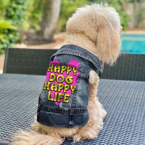 Happy Dog Happy Life Dog Denim Vest – Phrase Dog Denim Jacket – Art Print Dog Clothing