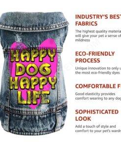 Happy Dog Happy Life Dog Denim Vest – Phrase Dog Denim Jacket – Art Print Dog Clothing 