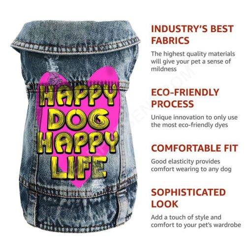 Happy Dog Happy Life Dog Denim Vest – Phrase Dog Denim Jacket – Art Print Dog Clothing