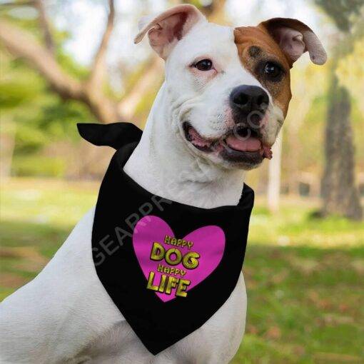 Happy Dog Happy Life Pet Bandana – Phrase Dog Bandana – Art Print Pet Scarf