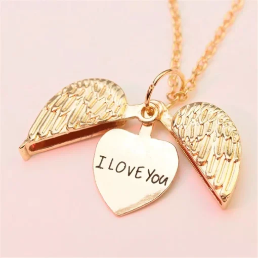 Golden Heart Angel Wings Pendant Necklace - Romantic "I Love You" Jewelry