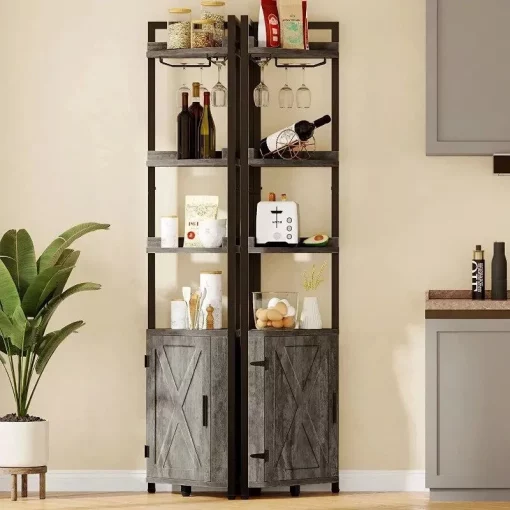 5-Tier Industrial Corner Bookcase with Wine Glass Holder