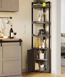 5-Tier Industrial Corner Bookcase with Wine Glass Holder