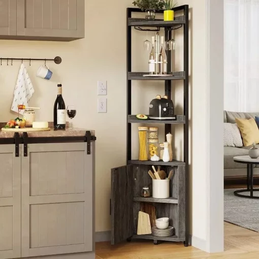 5-Tier Industrial Corner Bookcase with Wine Glass Holder