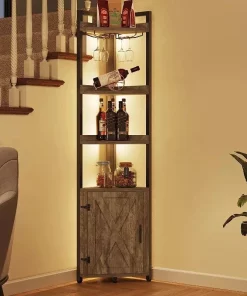 5-Tier Industrial Corner Bookcase with Wine Glass Holder