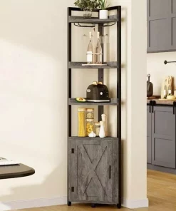 5-Tier Industrial Corner Bookcase with Wine Glass Holder