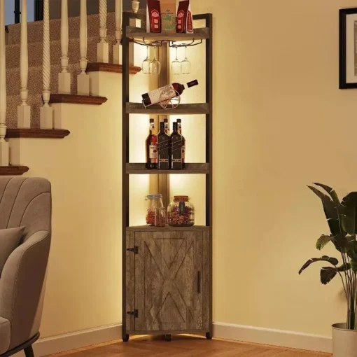 5-Tier Industrial Corner Bookcase with Wine Glass Holder - Image 3