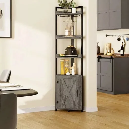 5-Tier Industrial Corner Bookcase with Wine Glass Holder - Image 2
