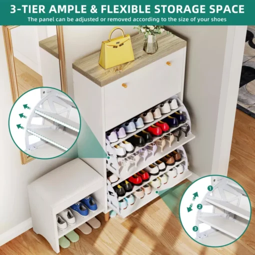 3-Drawer Flip Shoe Cabinet with Bench - Image 3
