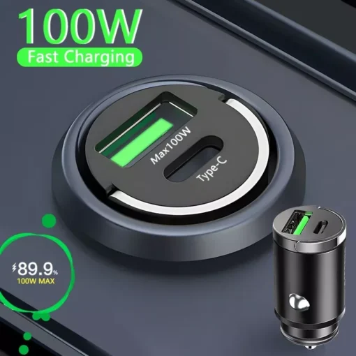 100W Dual-Core Mini Car Charger: USB Type-C & QC3.0 Fast Charging for Phones - Image 2