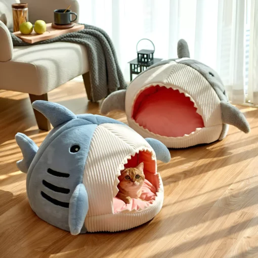 Cozy Cartoon Shark Cat Bed - Image 2
