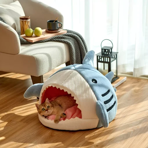 Cozy Cartoon Shark Cat Bed - Image 3