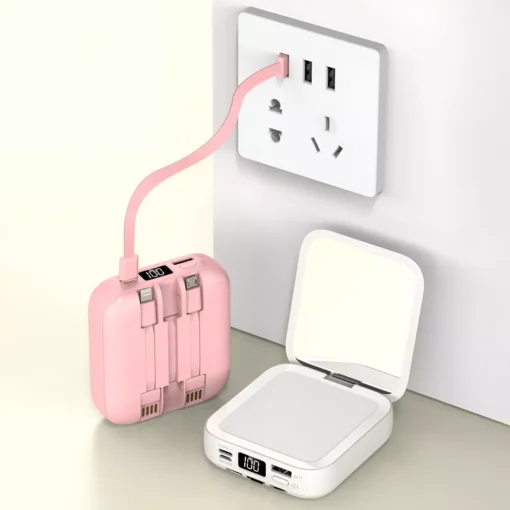 20000mAh Mini Power Bank with Built-in Cable and Makeup Mirror - Image 4