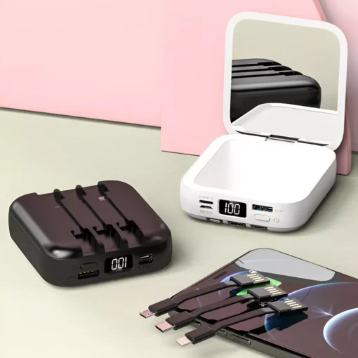 20000mAh Mini Power Bank with Built-in Cable and Makeup Mirror - Image 6