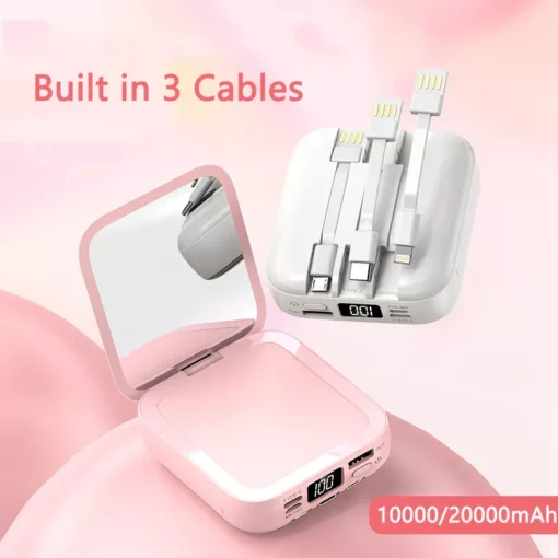 20000mAh Mini Power Bank with Built-in Cable and Makeup Mirror - Image 3