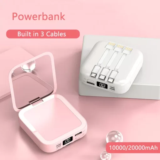 20000mAh Mini Power Bank with Built-in Cable and Makeup Mirror - Image 2
