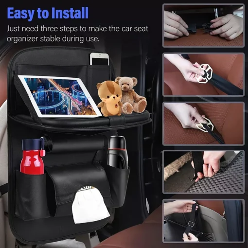 Luxury PU Leather Car Seat Back Organizer with Foldable Tray - Image 5