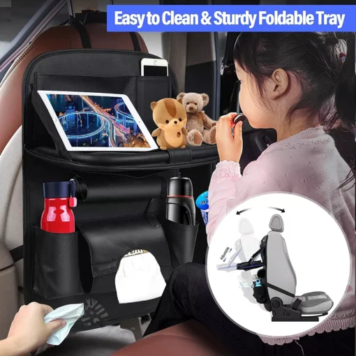 Luxury PU Leather Car Seat Back Organizer with Foldable Tray - Image 3