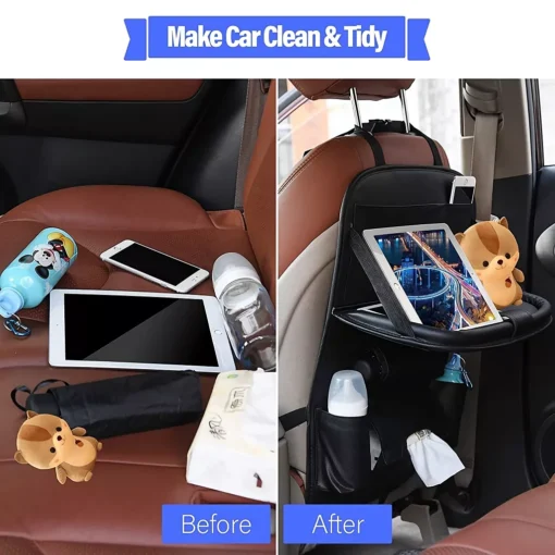 Luxury PU Leather Car Seat Back Organizer with Foldable Tray - Image 4