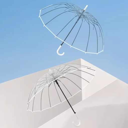 Transparent Windproof Umbrella with Strong 16 Ribs and Long Handle - Image 2