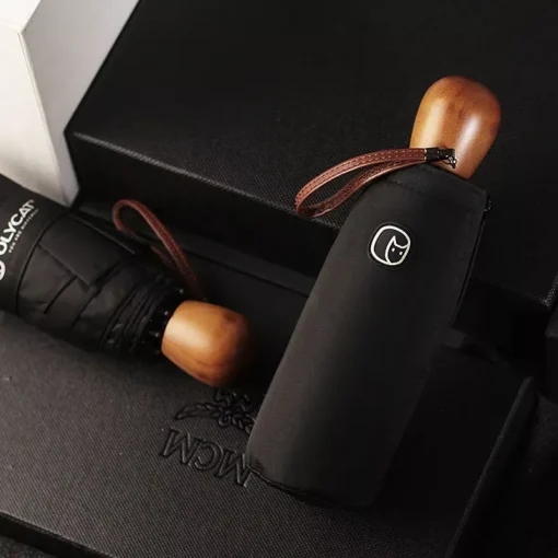 Compact Mini Windproof Umbrella with Wooden Handle for Women - Image 2