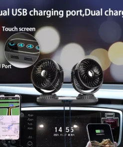 360° Dual Head Car Fan with USB Ports and Touch Control