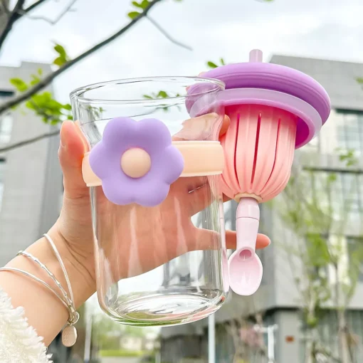 Flower Glass Cup with Lid, Straw, and Infuser - Image 4