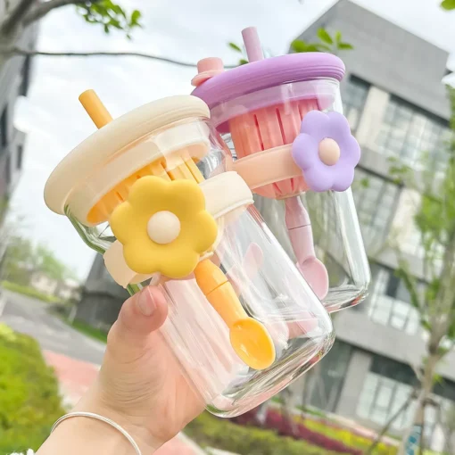 Flower Glass Cup with Lid, Straw, and Infuser - Image 3