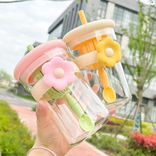 Flower Glass Cup with Lid, Straw, and Infuser - Image 2