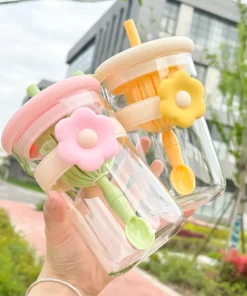 Flower Glass Cup with Lid, Straw, and Infuser