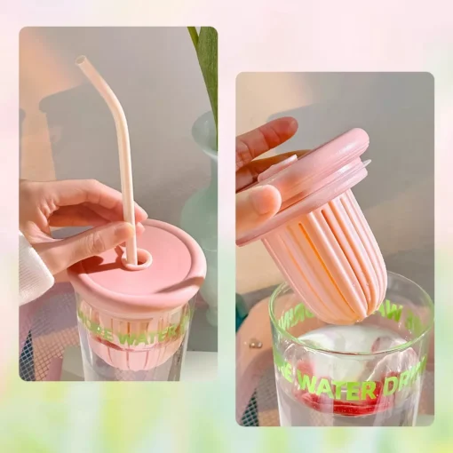 Cute Korean Glass Cup with Lid and Straw - Image 3