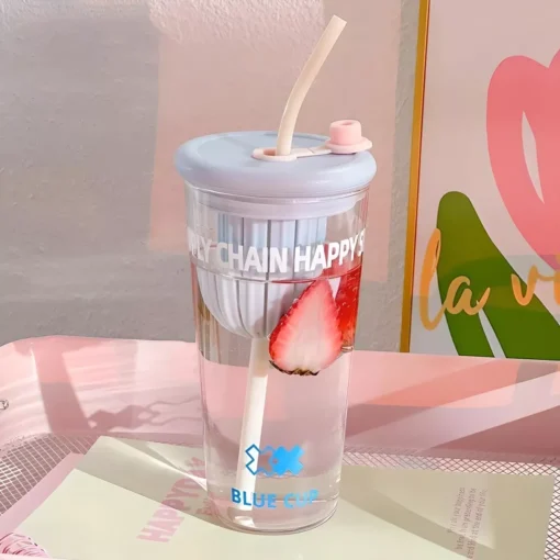 Cute Korean Glass Cup with Lid and Straw - Image 4