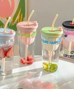 Cute Korean Glass Cup with Lid and Straw