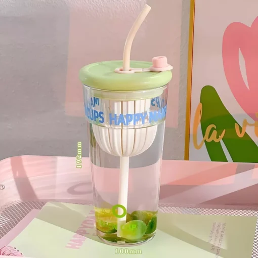 Cute Korean Glass Cup with Lid and Straw - Image 5
