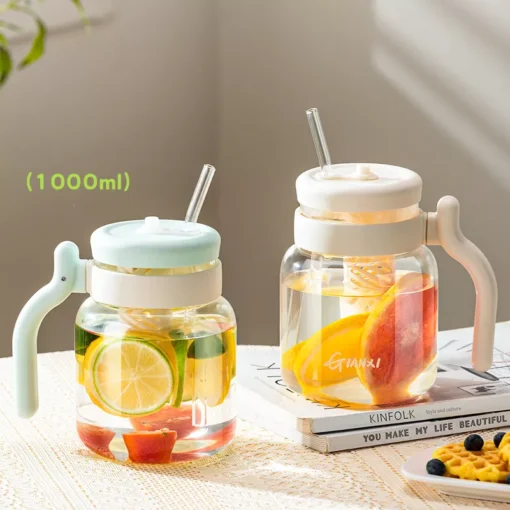 1000ML Glass Tumbler with Lid and Straw - Image 4