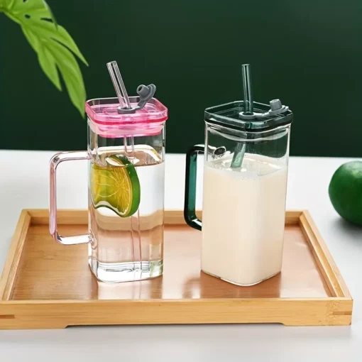 Square Glass Drinkware with Handle and Straw - Image 3