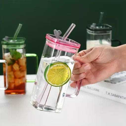 Square Glass Drinkware with Handle and Straw - Image 5