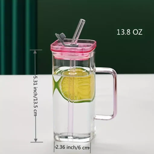 Square Glass Drinkware with Handle and Straw - Image 7