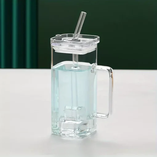 Square Glass Drinkware with Handle and Straw - Image 6