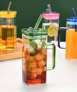 Square Glass Drinkware with Handle and Straw