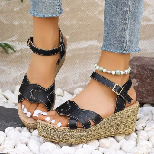 Women’s Cross Strap Wedge Sandals - Image 3