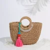 Handwoven Rattan Beach Handbag with Acrylic Chain