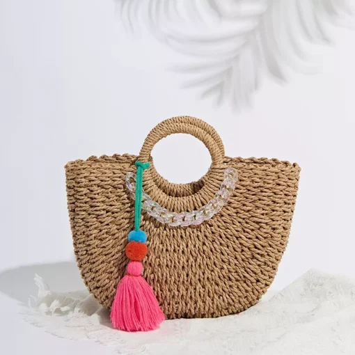 Handwoven Rattan Beach Handbag with Acrylic Chain
