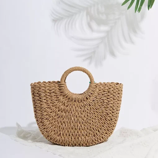 Handwoven Rattan Beach Handbag with Acrylic Chain - Image 7