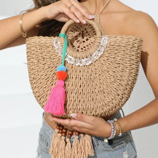 Handwoven Rattan Beach Handbag with Acrylic Chain - Image 4