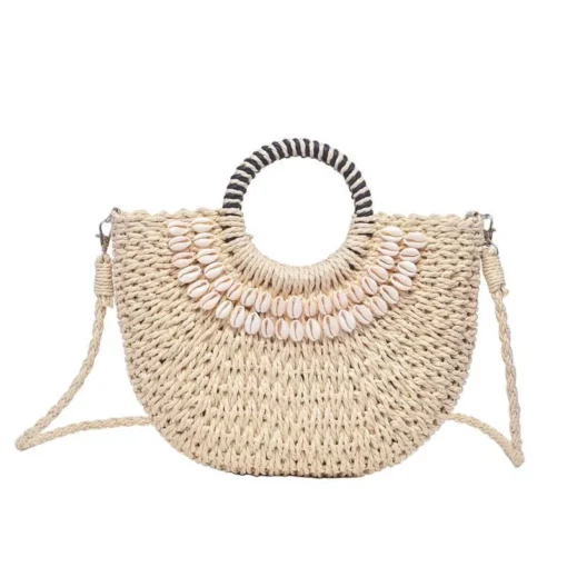 Handmade Straw Woven Seashell Beach Resort Crossbody Handbag - Image 5